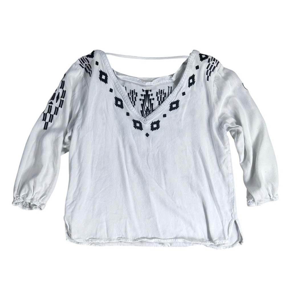 Ariat Callie 3/4 Sleeve Top White Embroidered Southwestern V-Neck Blouse Rodeo